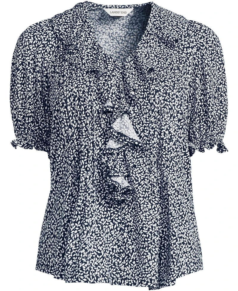 Lands' End Plus Women's Puff Sleeve Slub Ruffle Pintuck Top