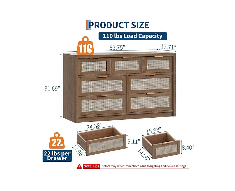 gaomon Rattan 7-Drawer Dresser for Bedroom, Wide Wooden Storage Chest