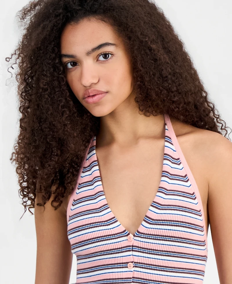 No Comment Juniors' Striped Halter-Neck Rib-Knit Vest