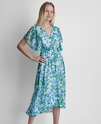 Dkny Women's Flutter-Sleeve V-Neck Smocked Waist High-Low Midi Dress