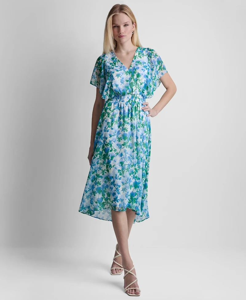 Dkny Women's Flutter-Sleeve V-Neck Smocked Waist High-Low Midi Dress
