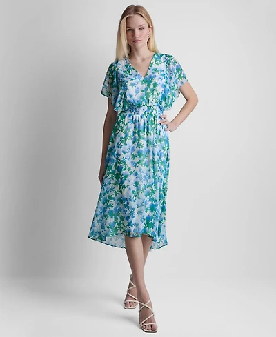 Dkny Women's Flutter-Sleeve V-Neck Smocked Waist High-Low Midi Dress