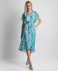 Dkny Women's Flutter-Sleeve V-Neck Smocked Waist High-Low Midi Dress
