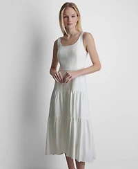 Dkny Women's Sleeveless Square Neck Tiered Linen Midi Dress