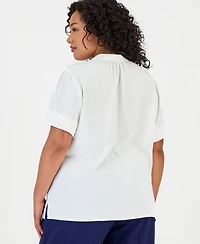Jones New York Plus Split Neck Pleated-Cuff Top