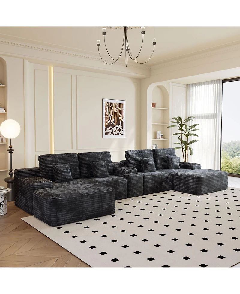 Streamdale Furniture 150" Sectional Sofa with 2 Ottomans, Black Corduroy, U-Shaped Couch