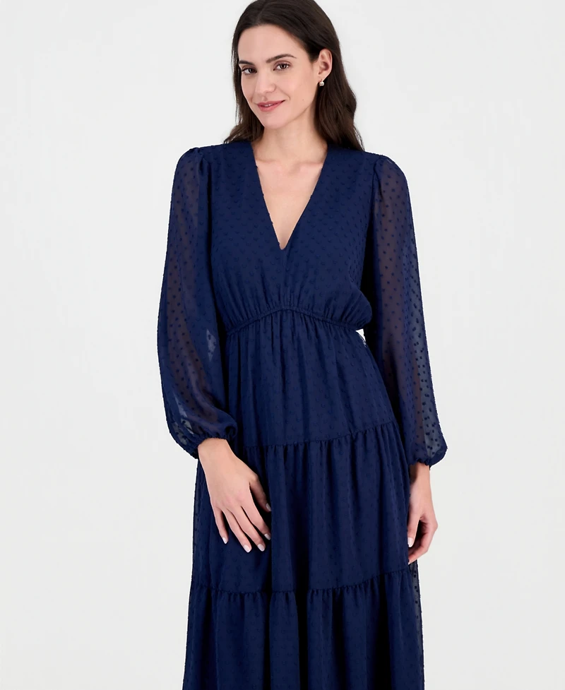 Robbie Bee Women's Long-Sleeve V-Neck Tiered Maxi Dress