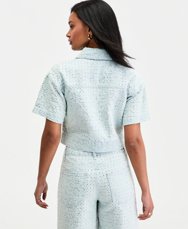 Bar Iii Women's Sequin Destructed Denim Short-Sleeve Shirt, Macy's Exclusive