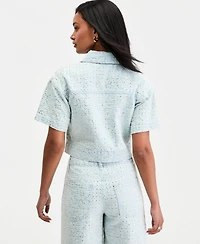 Bar Iii Women's Sequin Destructed Denim Short-Sleeve Shirt, Macy's Exclusive