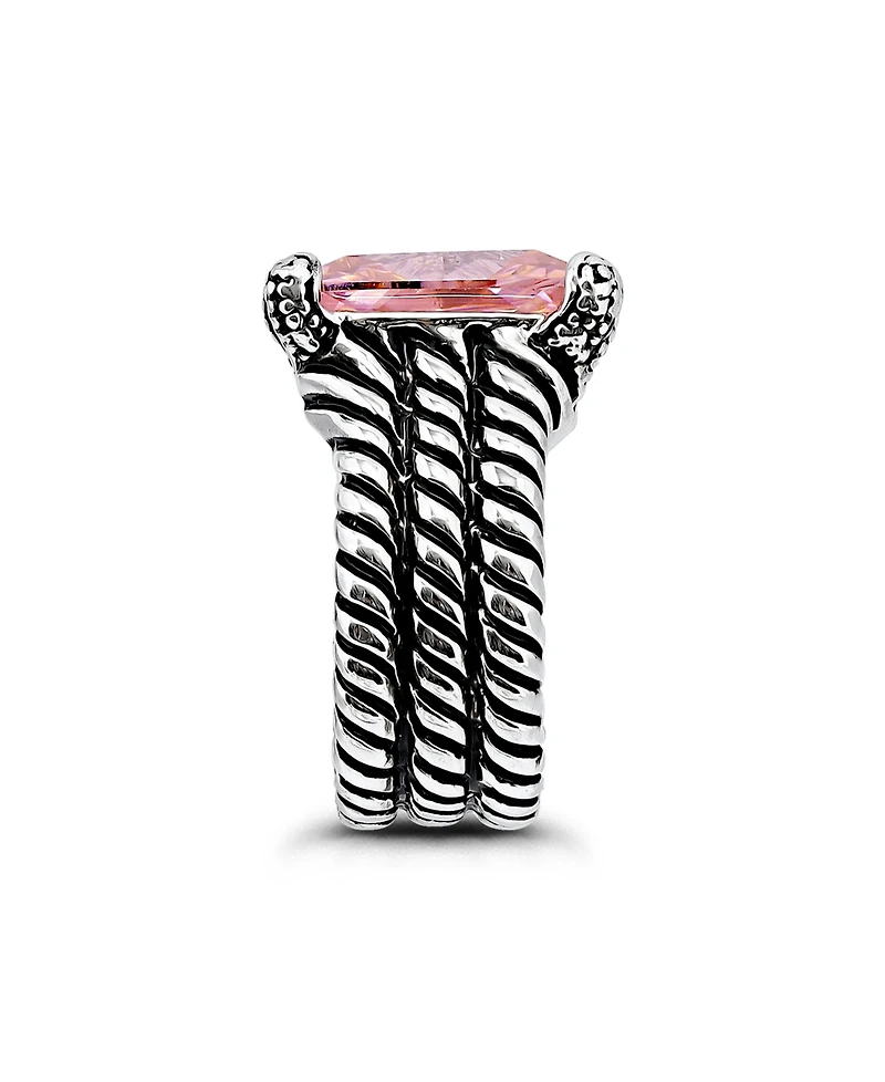 Macy's 18.0 Cttw 12x15mm Pink Emerald Cut Cubic Zirconia Center Stone On Triple 3mm Lt Oxidized Twist Rope Band Statement Ring