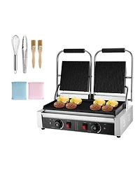 Ecooso Commercial Electric Panini Press Grill with Full Grooved Plates and Temperature Control