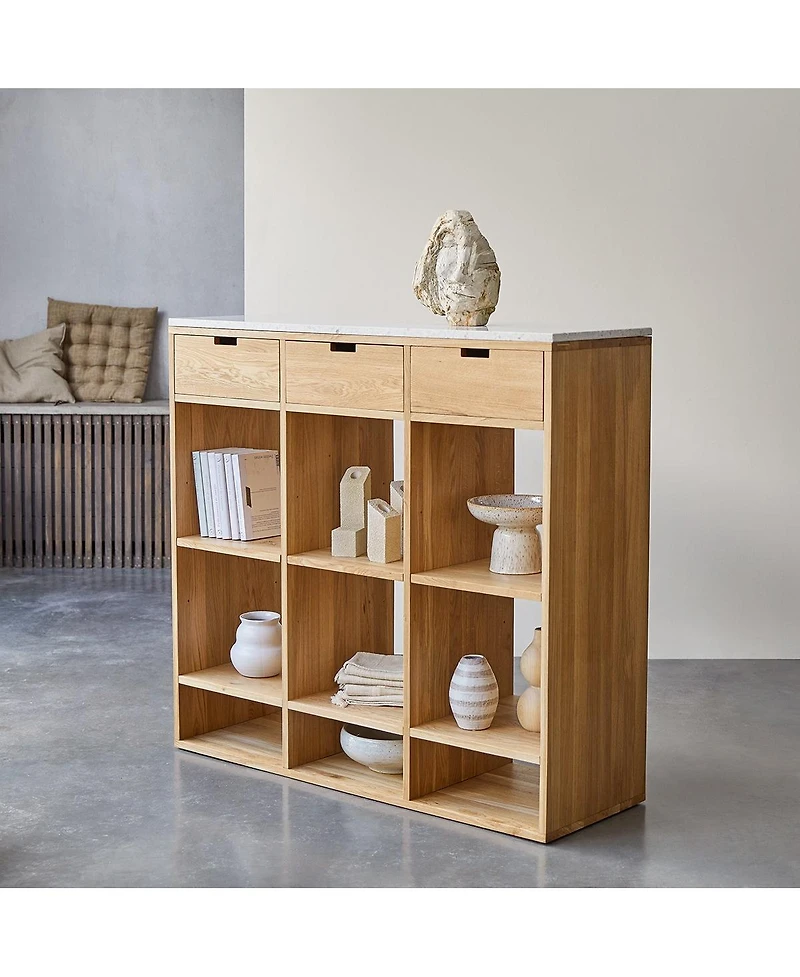 Tikamoon Miho low bookcase in solid oak and white premium terrazzo