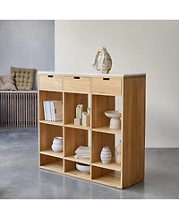 Tikamoon Miho low bookcase in solid oak and white premium terrazzo