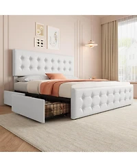 gaomon King Bed Frame With 4 Drawers Faux Leather Headboard Button Design Wood Slats No Box Spring