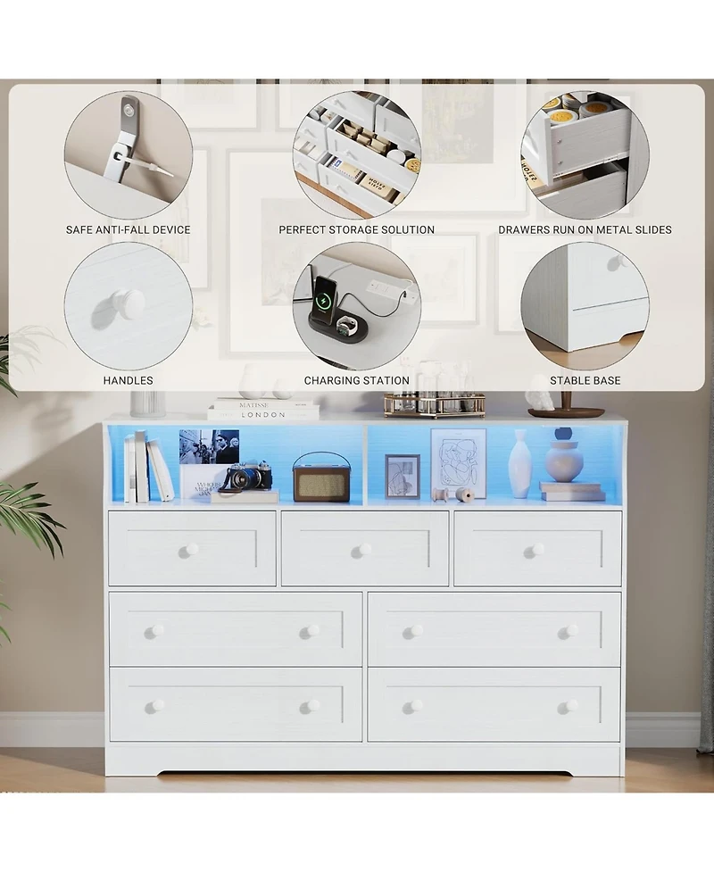 gaomon 7-Drawer Dresser with Led Lights & Charging Station, Wood Storage Chest with Open Compartments for Bedroom