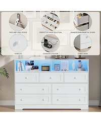 gaomon 7-Drawer Dresser with Led Lights & Charging Station, Wood Storage Chest with Open Compartments for Bedroom