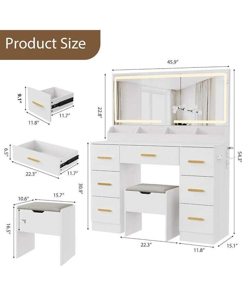 gaomon 45.9" Makeup Vanity Desk with Large Lighted Mirror
