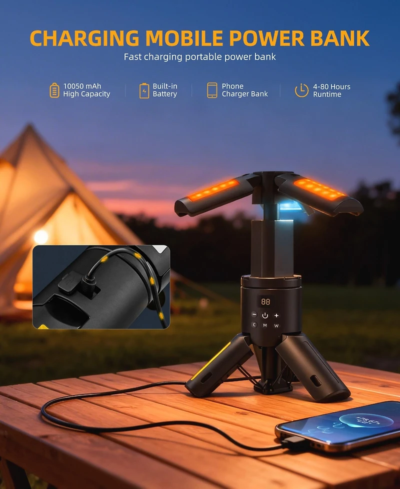 Sugift Rechargeable 10050mAh Led Camping Light, 1000LM 10W Portable Work Light with 3 Adjustable Heads, Multi Mode Emergency Lantern