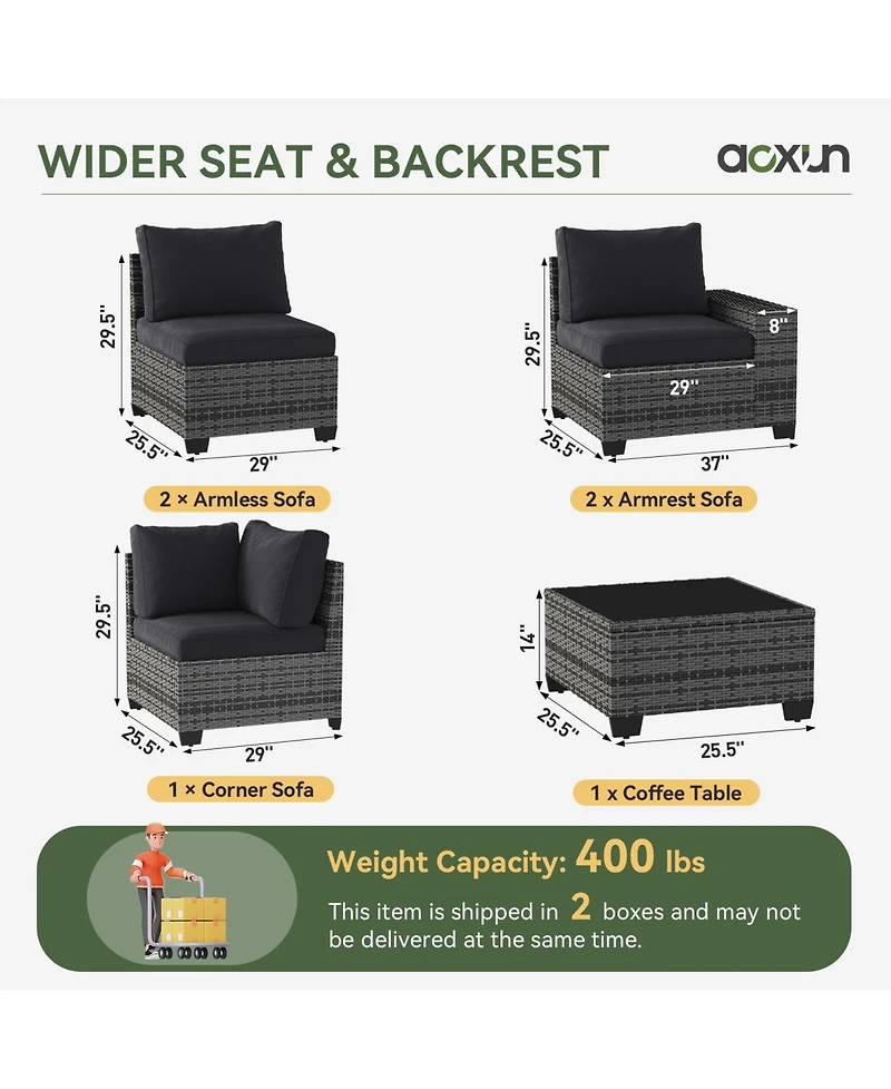 Aoxun 6-Piece Black Wicker Outdoor Sectional Sofa Set with Grey Cushions and Glass-Top Coffee Table
