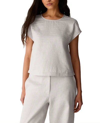 Eileen Fisher Women's Crinkle Round Neck Striped Square Top