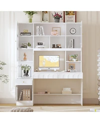 Homsee 79.1 in. Tall Wood 13-Shelf Standard Bookcase with Writing Desk Table, Glass Door Cabinet,Drawers, French Style