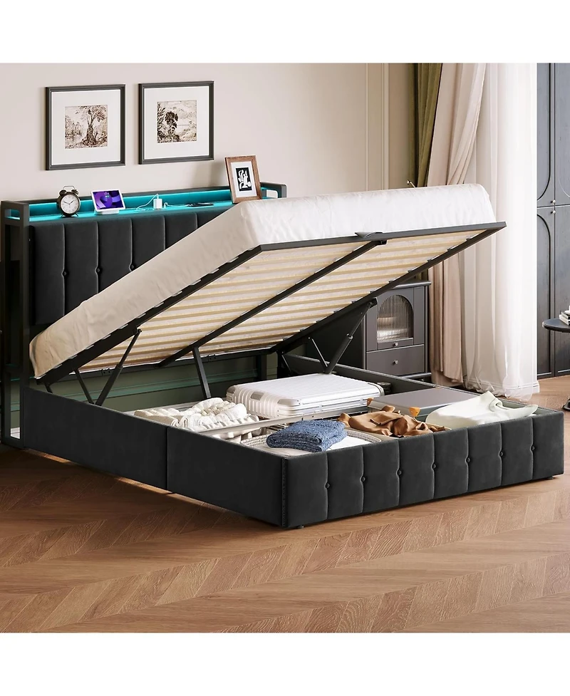 gaomon Queen Lift Up Storage Bed Frame Velvet Upholstered Hydraulic Platform Storage Headboard Led Charging Wood Slats No Box Spring