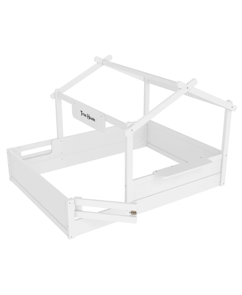 Streamdale Furniture Full Size Floor Bed with Guardrails, Roof, Tray & Signboard