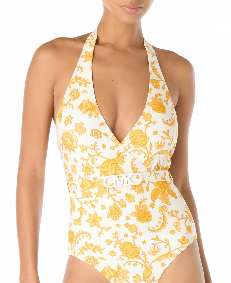 Michael Kors Women's Halter Neck Printed One-Piece Swimsuit