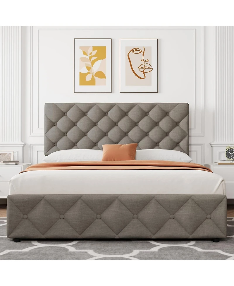 gaomon Bed Frame 4 Drawers Adjustable Headboard Linen Upholstered Diamond Tuft No Box Spring