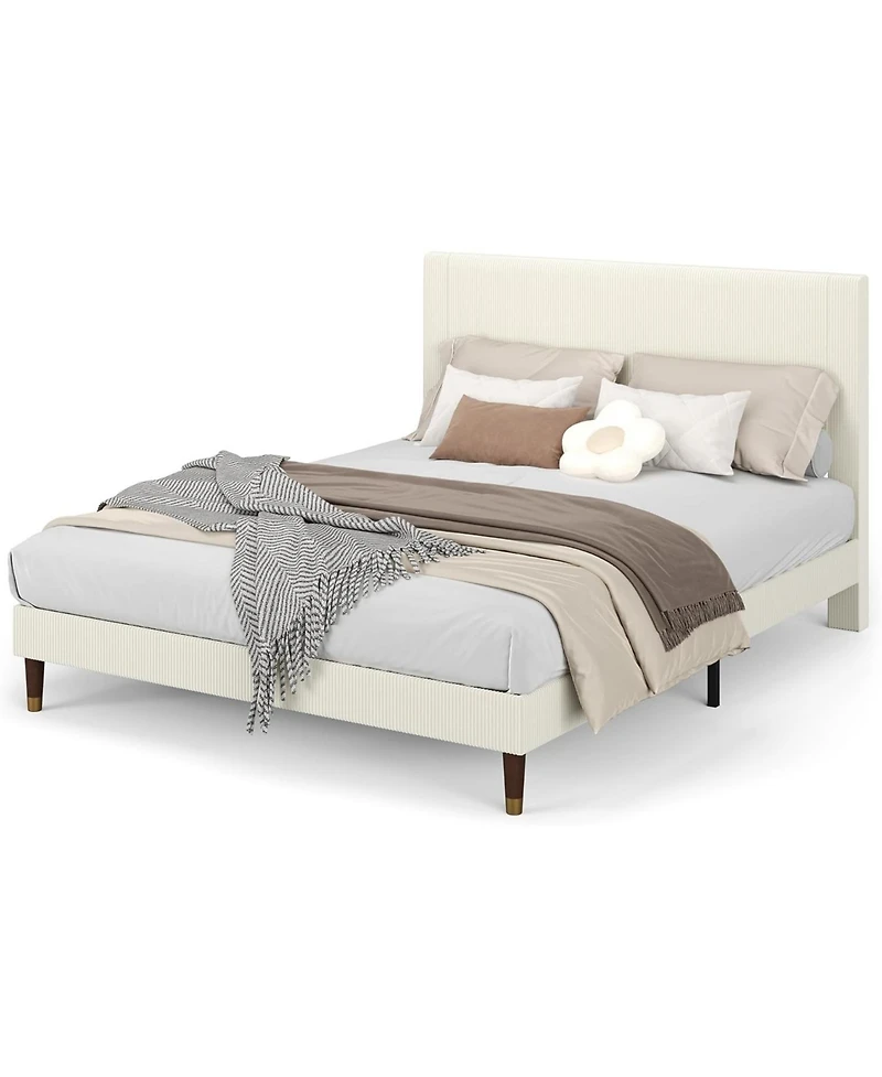 gaomon Corduroy Upholstered Platform Bed Frame with Headboard Minimalist Wood Slats Noise Free No Box Spring Needed