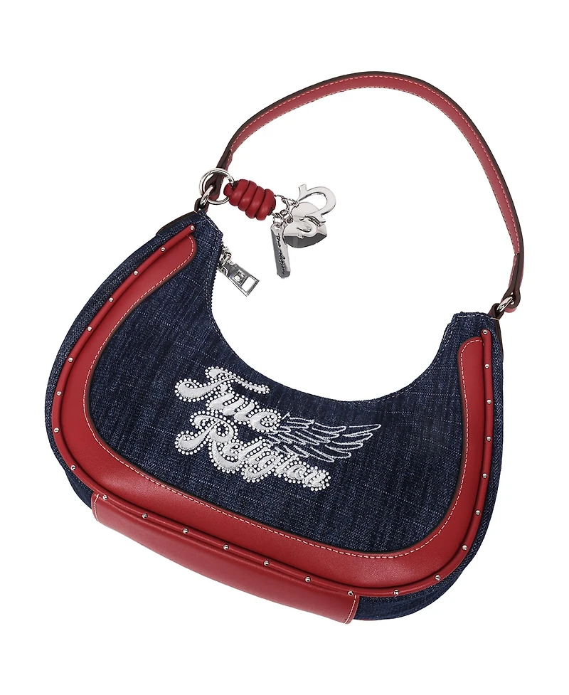True Religion Wing Motif Denim Hobo Bag with Red Trim