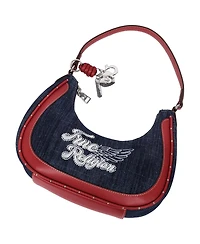 True Religion Wing Motif Denim Hobo Bag with Red Trim