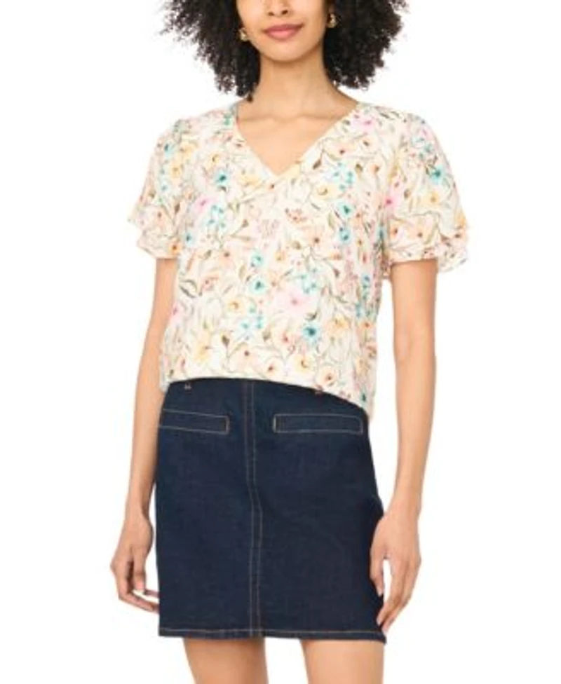 Vince Camuto Womens V Neck Ruffle Sleeve Blouse