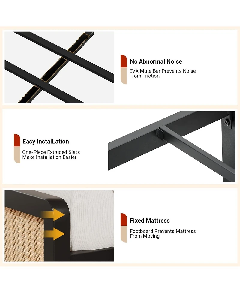 gaomon Queen Platform Bed Frame With Rattan Headboard and Footboard Rounded Corners Metal Slats Enhanced Stability