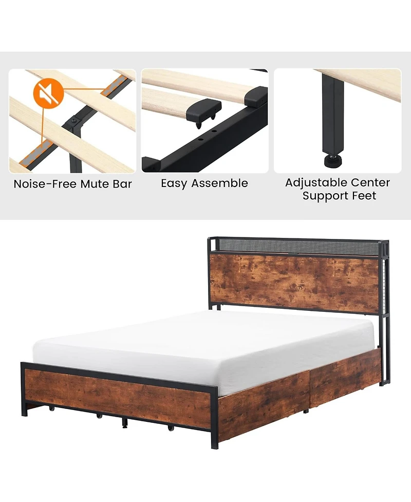 gaomon Queen Platform Bed Frame With Storage Headboard 4 Drawers Led Bed Usb Ports Wood Slats Retro