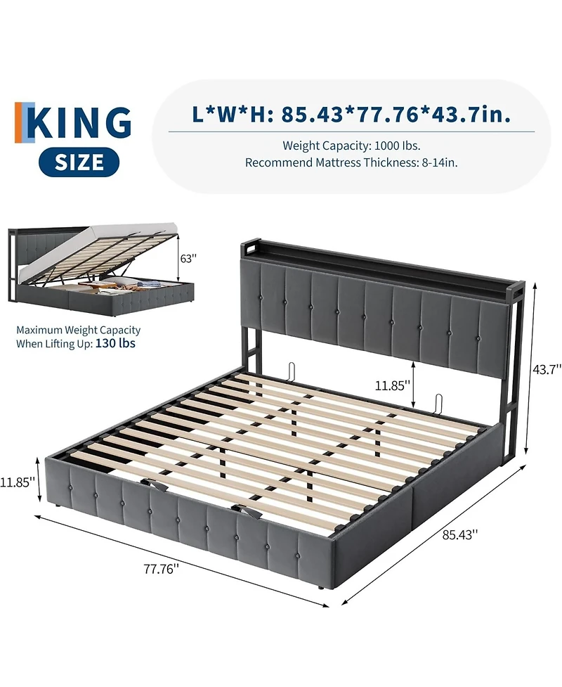 gaomon King Hydraulic Lift Up Storage Upholstered Bed Frame Button Headboard Heavy Metal Platform Wood Slats Noise