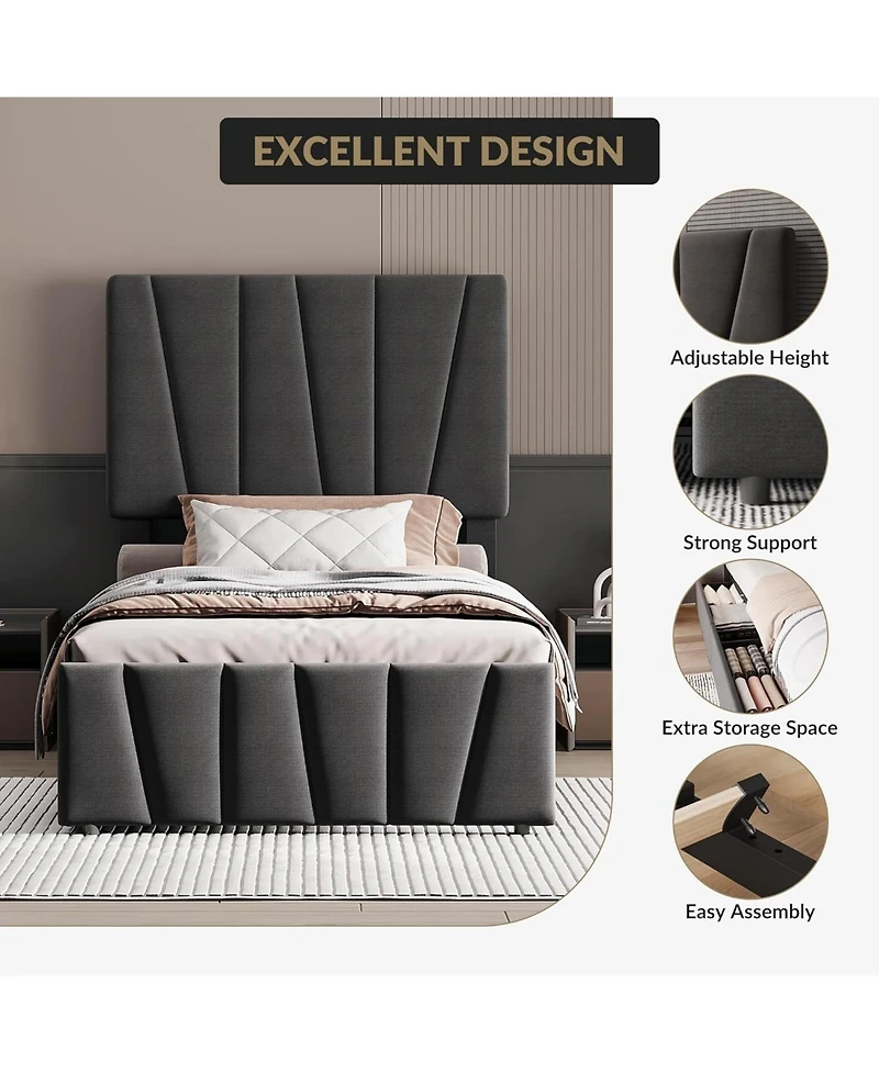 gaomon Bed Frame with 4 Storage Drawers and Headboard, Upholstered Platform Bed Frame with Wooden Slats Support, No Box Spring Needed, Noise Free
