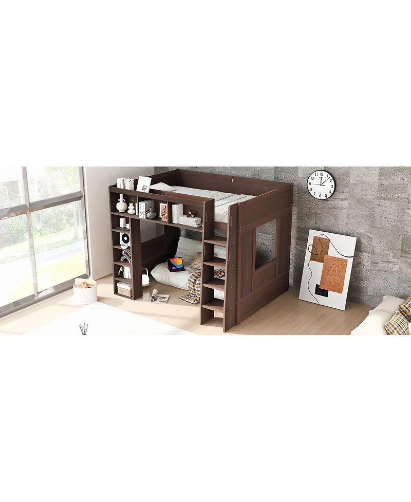 Streamdale Furniture Queen Size Wooden Loft Bed with Storage Cabinets and Shelves