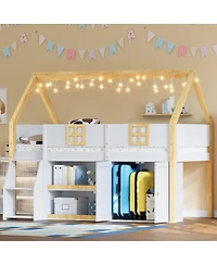 Streamdale Furniture Low loft bed with stairs, shelves, cabinets & Led lights