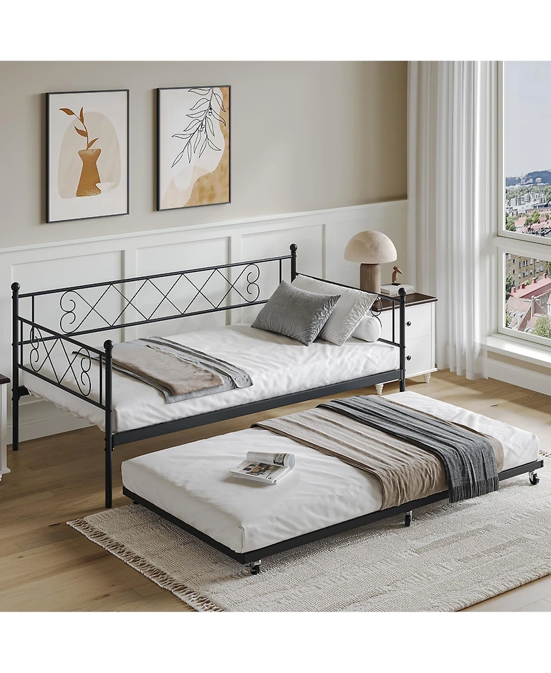gaomon Trundle, Trundle Bed Twin with Heart-Shaped Headboard, Sturdy Metal Sofa Bed, Heavy-Duty Metal Bed Frame Support, Easy Assembly.