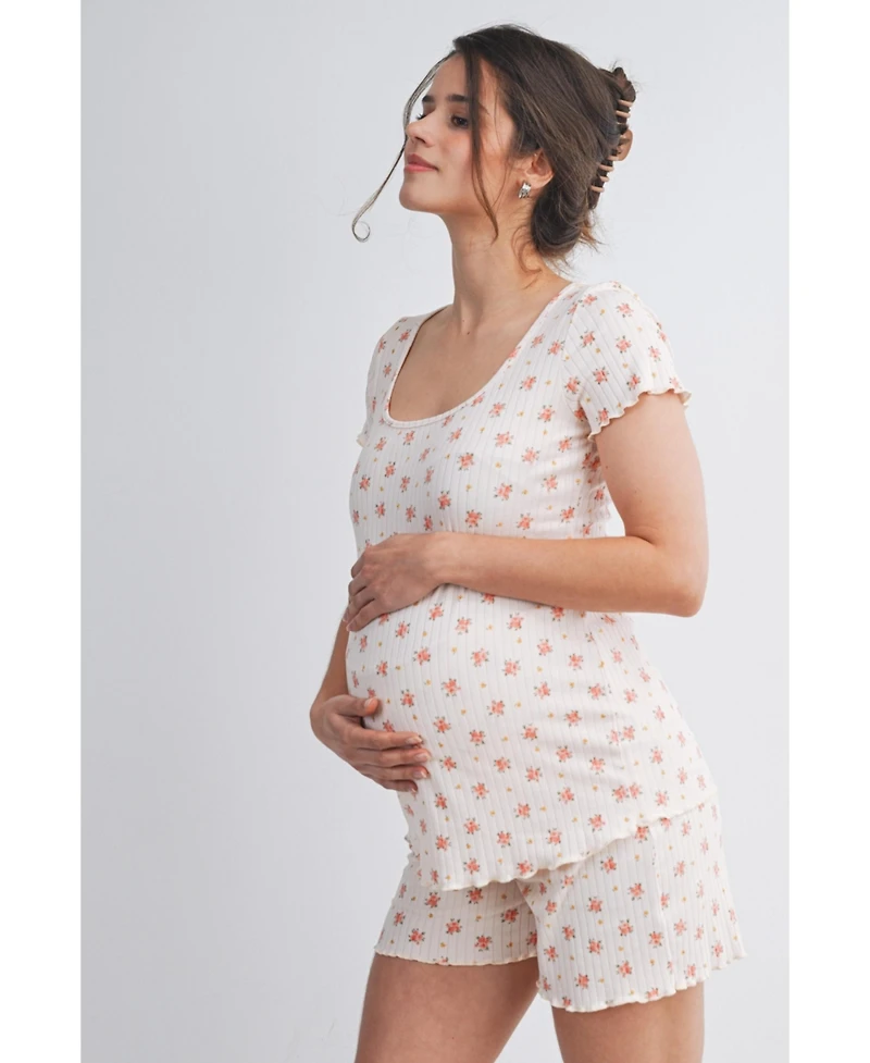 Hello Miz Maternity Ribbed Floral Lounge Set with Shorts and Top