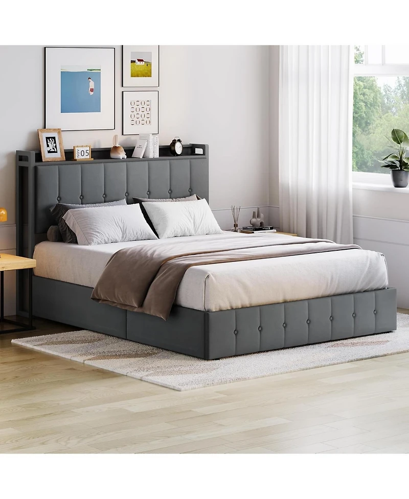 gaomon Lift Up Storage Bed Frame Velvet Upholstered Hydraulic Platform Storage Headboard Wood Slats No Box Spring