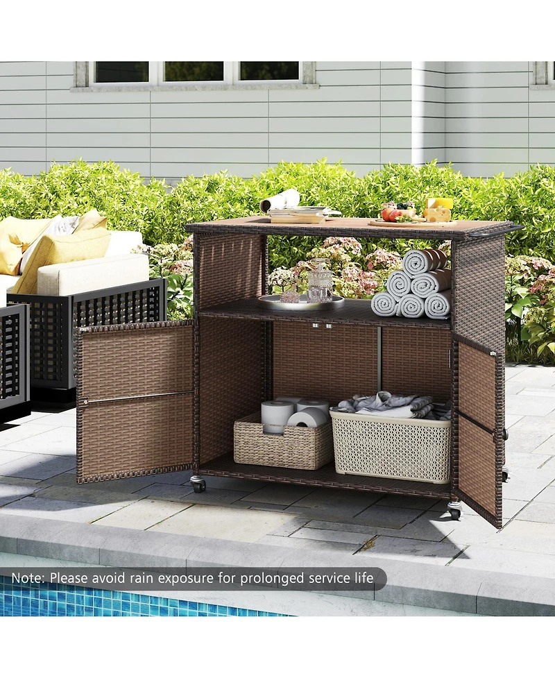 Sugift Outdoor Storage Cabinet with Acacia Wood Top and Lockable Wheels