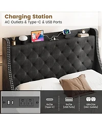 gaomon Bed Frame with 4 Storage Drawers, Wingback Headboard & Charging Station, Diamond Tufted