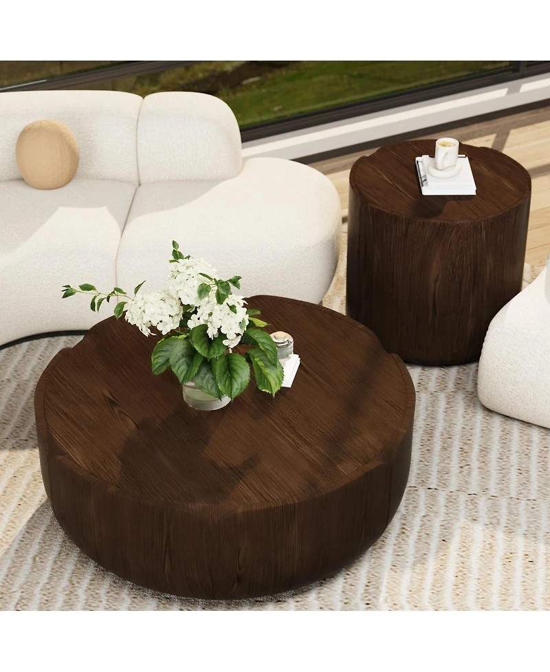 Streamdale Furniture Round Wood Grain Drum Coffee Table Set (Set of 2)