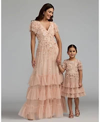 Mac Duggal Little Girls Flutter Sleeve Tiered Ruffle Gown