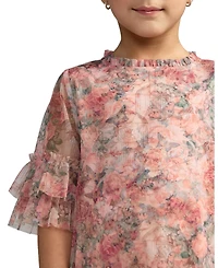 Mac Duggal Big Girls Floral Printed Short Sleeve Ruffle Dress