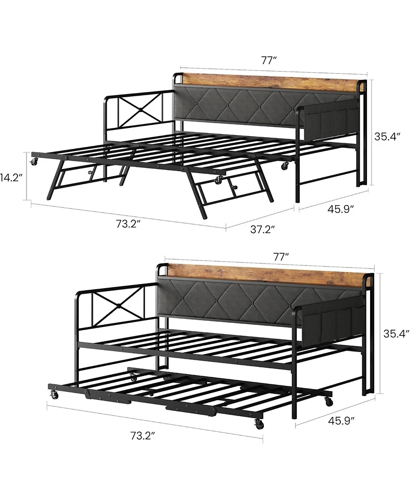 gaomon Daybed with Trundle, Upholstered Headboard, Led Light and Charging Station, Metal Frame Sofa