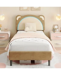 gaomon Twin Xl Bed Frame for Kids Upholstered Adjustable Headboard Led Light Wood Slats No Box Spring Coffee
