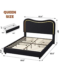 gaomon Boucle Queen Bed Frame with 2 Storage Drawers Upholstered Platform Led Headboard Wood Slats No Box Spring